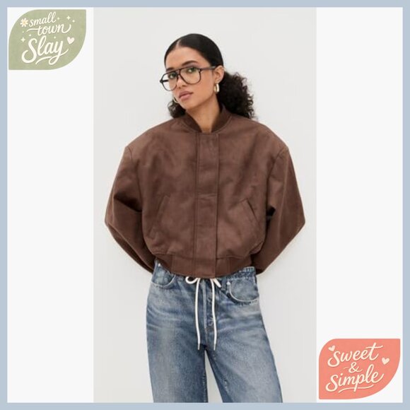Faux Suede Bomber Jacket with Padded Shoulders and Snap Cuffs - Picture 2 of 6